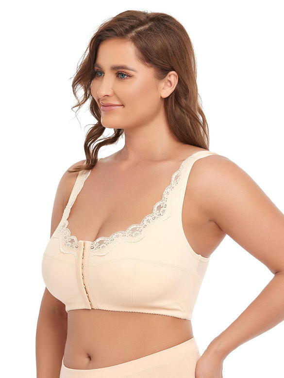 FW®FRONT CLOSURE WIRELESS POSTURE & BACK SUPPORT MESH LACE PUSH-UP BRA（BUY 1 GET 1 FREE)-BEIGE