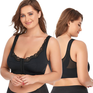 FW®FRONT CLOSURE WIRELESS POSTURE & BACK SUPPORT MESH LACE PUSH-UP BRA（BUY 1 GET 1 FREE)-BLACK