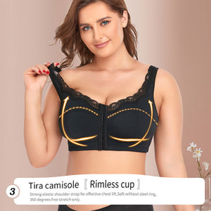 FW®FRONT CLOSURE WIRELESS POSTURE & BACK SUPPORT MESH LACE PUSH-UP BRA（BUY 1 GET 1 FREE)-BLACK